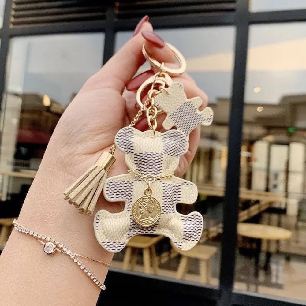 Beige Checkered Teddy Keychain